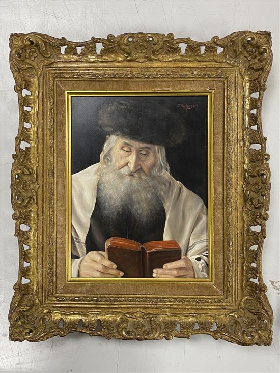 Otto Eichinger (1922-2004), oil on panel, Rabbi reading the bible, signed, 26 x 19cm